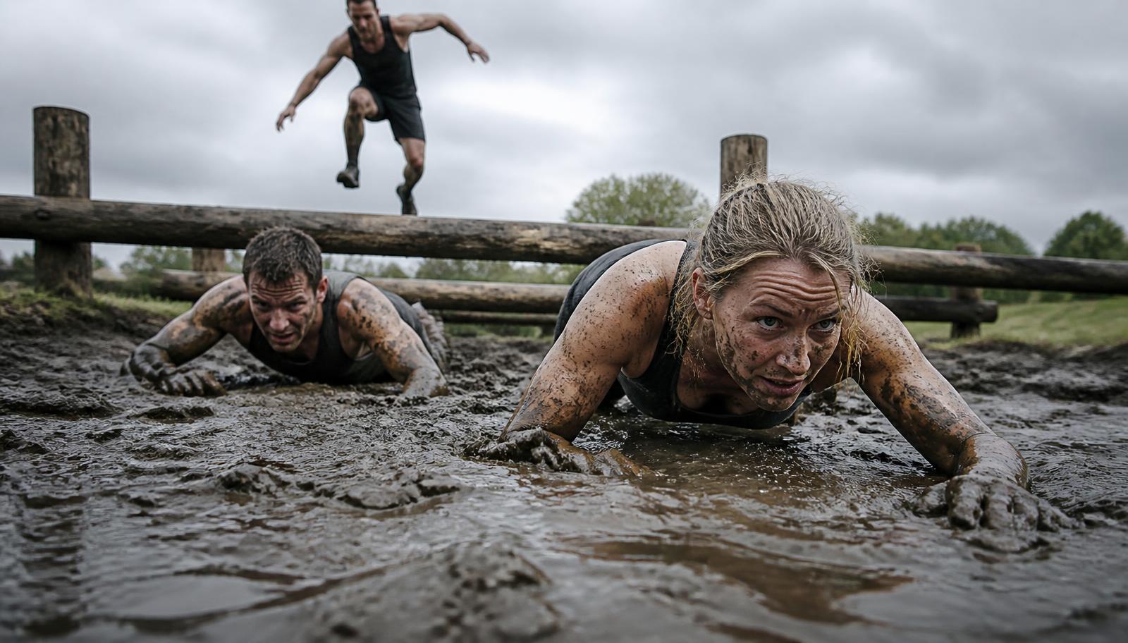 Obstacle course race competitors crawling through mud at a UK event